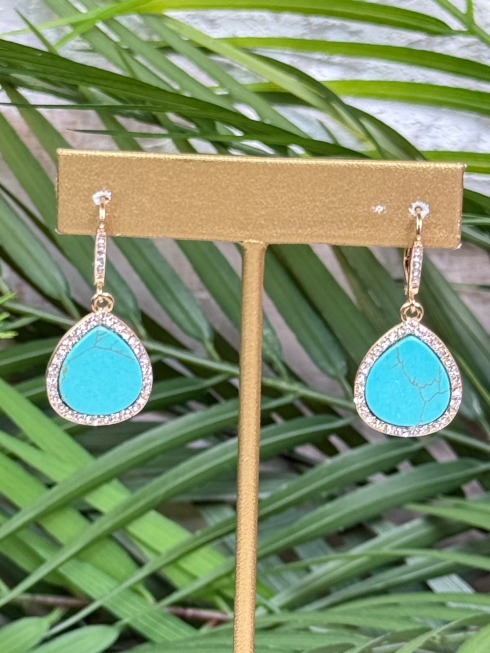 NWOT Turquoise Glow Teardrop Earrings | Gold Rhinestone Dangle Fashion Earrings